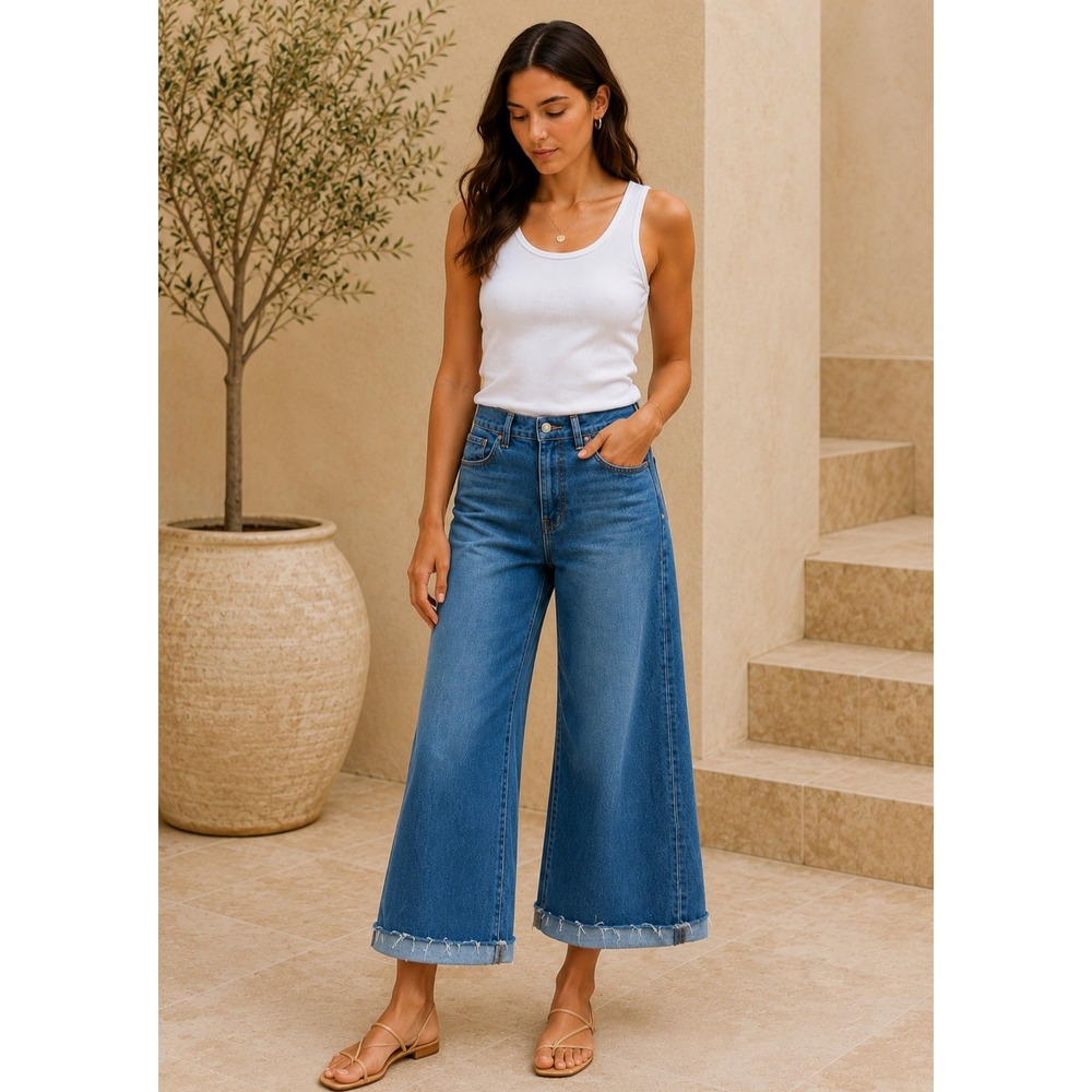 Madewell Flared Wide-Leg Jeans Medium Wash Raw‎ Hem DM7942 Womens 27